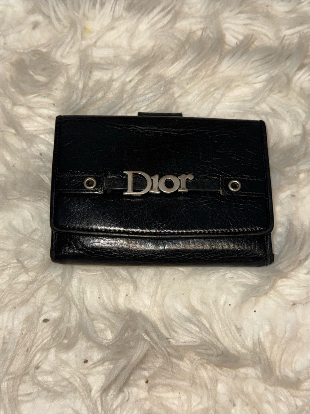 Christian Dior Black Leather Compact Wallet Silver Logo